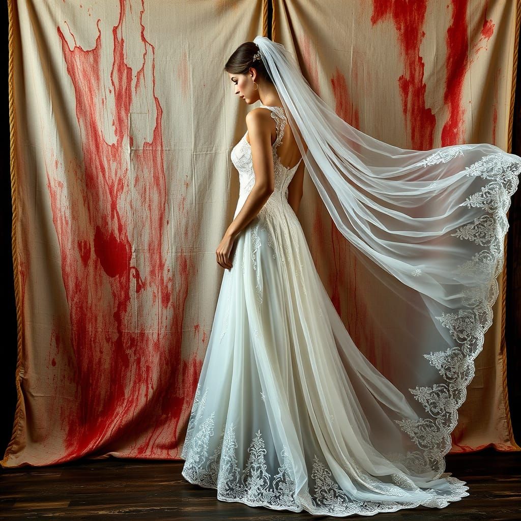 Bride Beside Stained Sheet: Photorealistic Wedding Scene