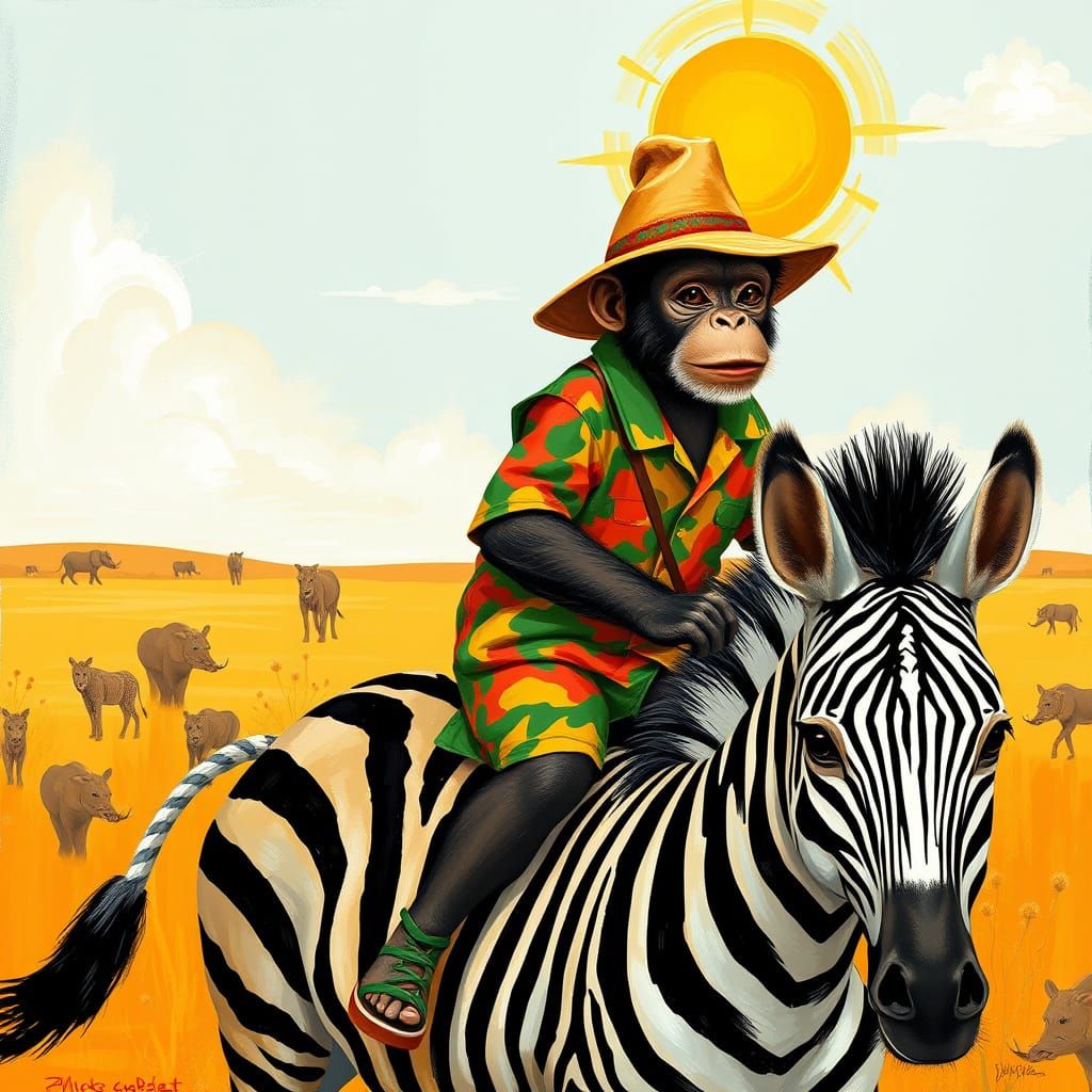 Monkey Rides Zebra in Impasto Style