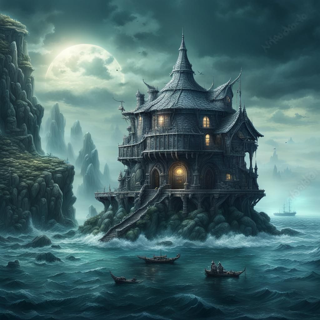 Dark Fantasy Sea Elf Outpost on White Rock