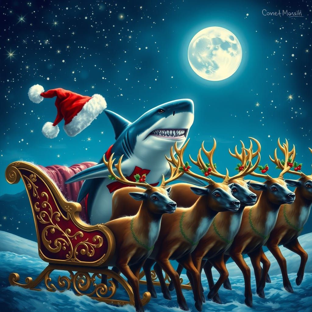 Majestic Shark Rides in Festive Sleigh