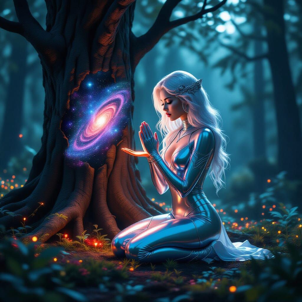 Cyber Pin Up Woman Prays with Galaxy in Hands