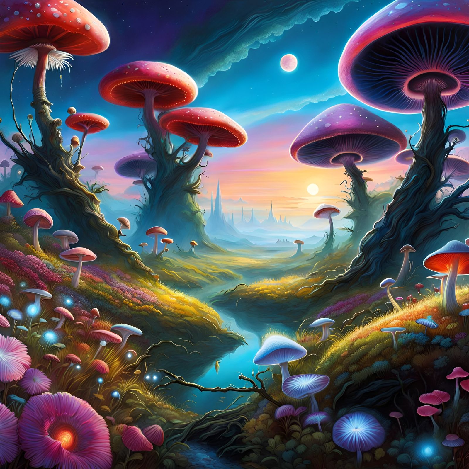 Colorful Alien Landscape with Glowing Orbs