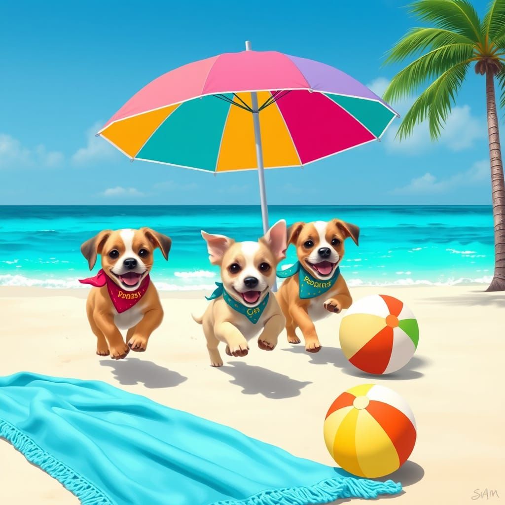 Whimsical Beach Puppies Chase a Ball in Vibrant Realism