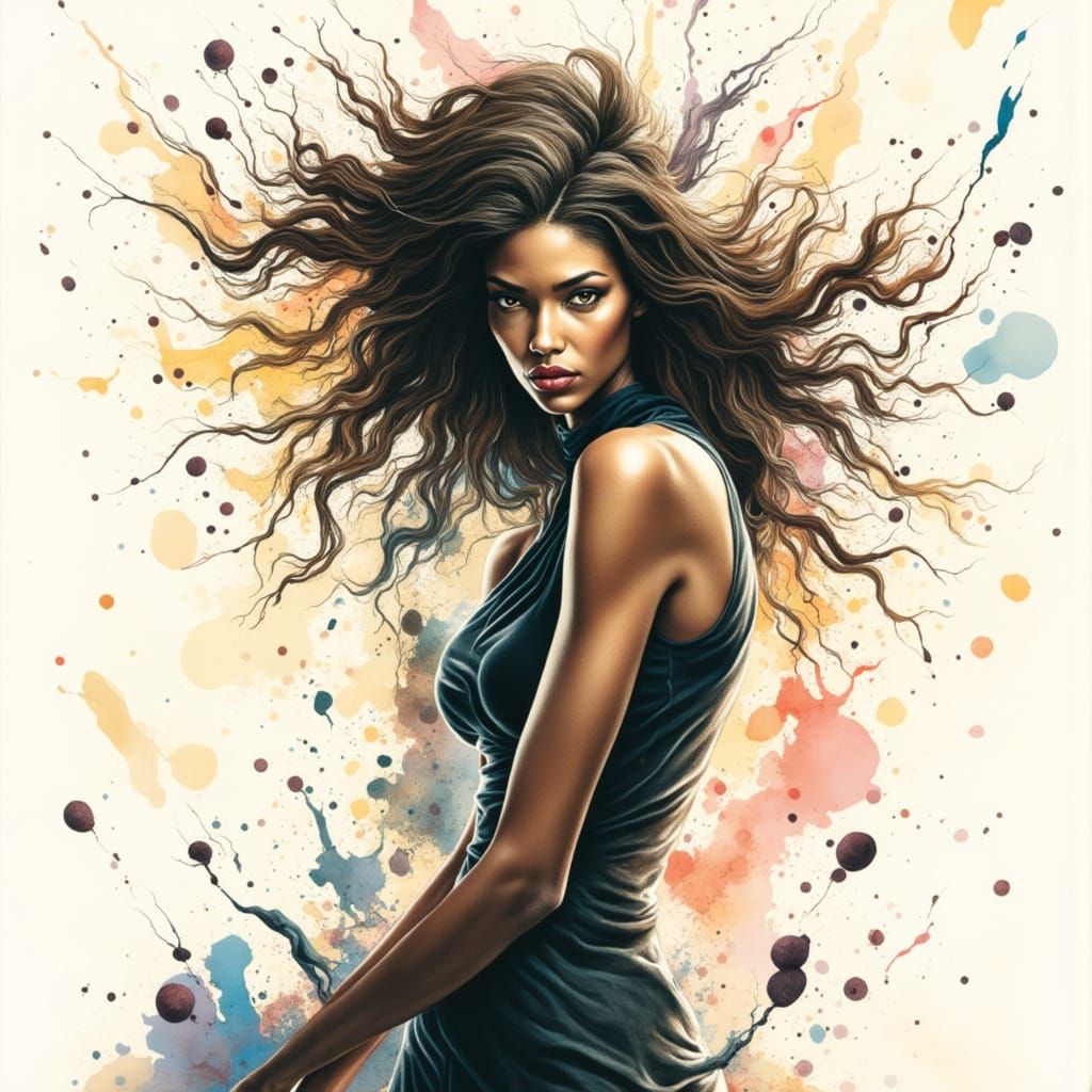 Young Woman in Chaotic Colored Ink Explosion