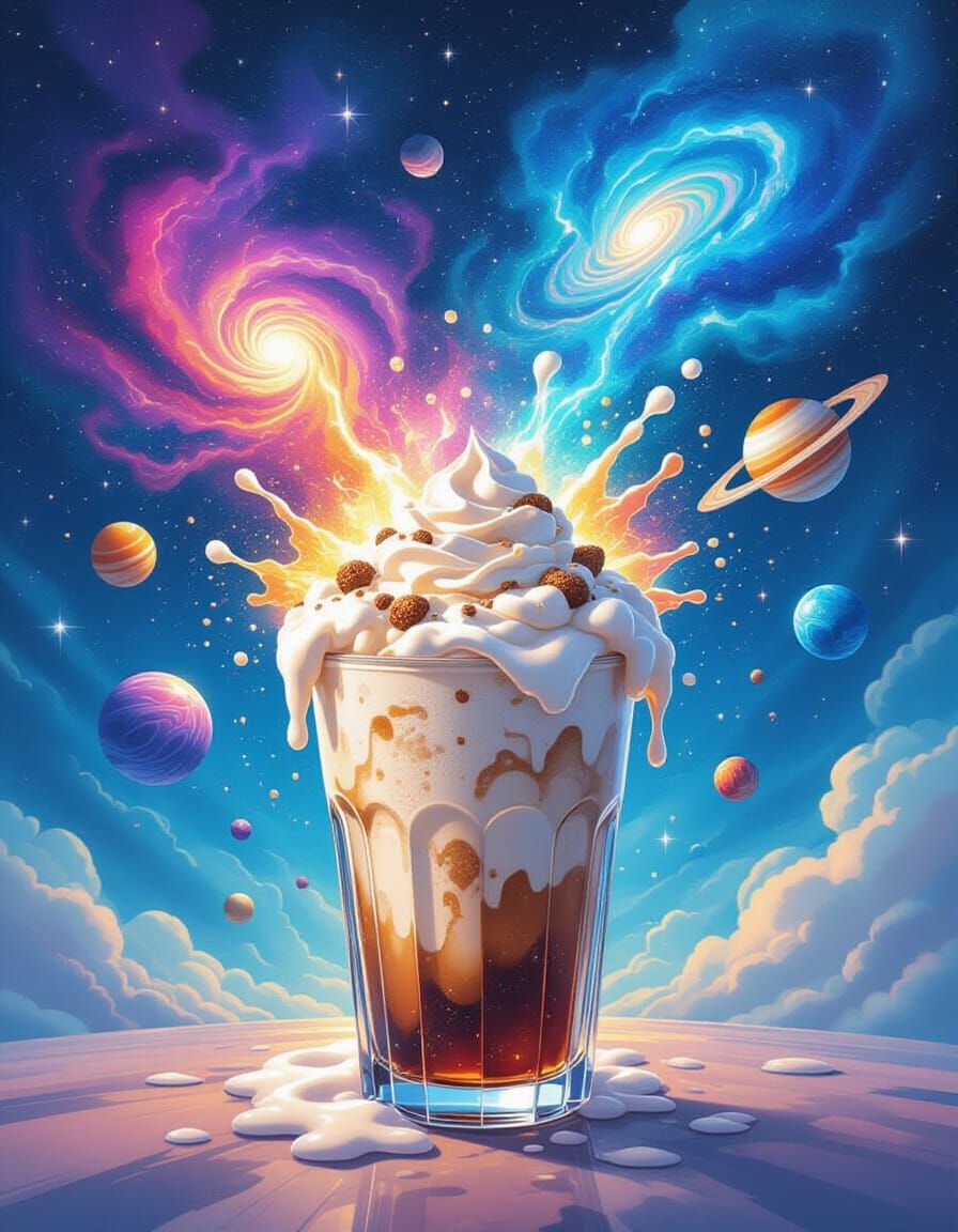Cosmic Root Beer Float Explosion in Mixed Media