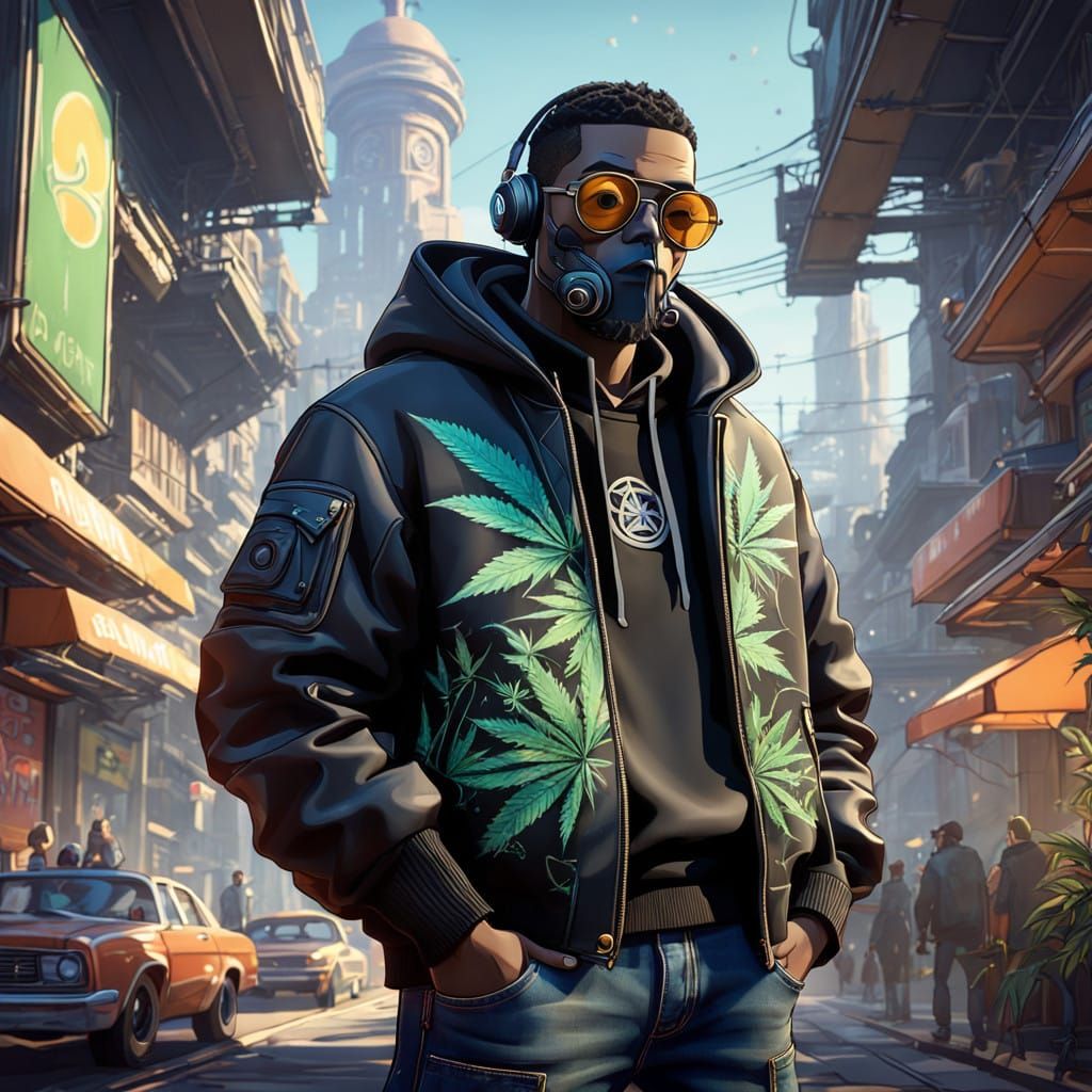 Stoner Cartoon Character in Cannabis-Themed Gothic Streetwea...