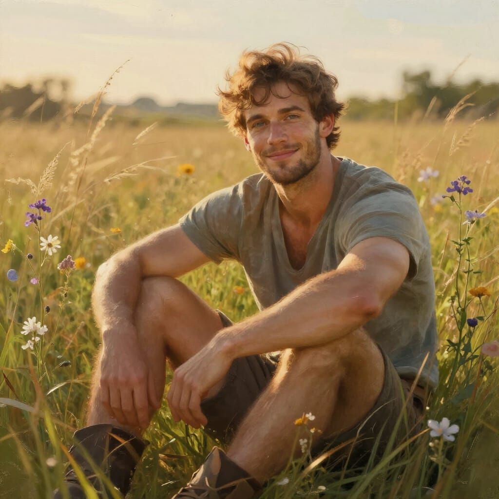 Muscular Lumberjack in Golden Hour Meadow