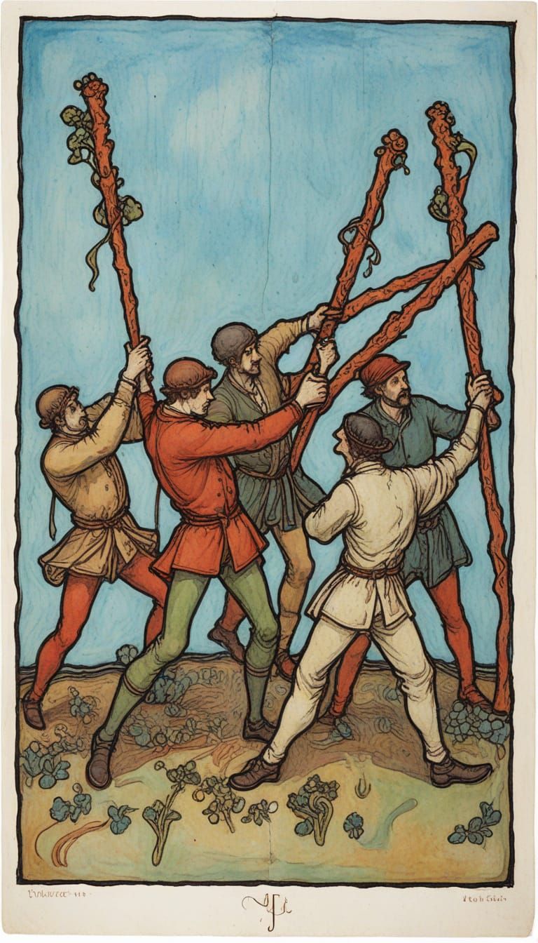 Five Men Engage in a Mystical Staff Battle in Vibrant Renais...