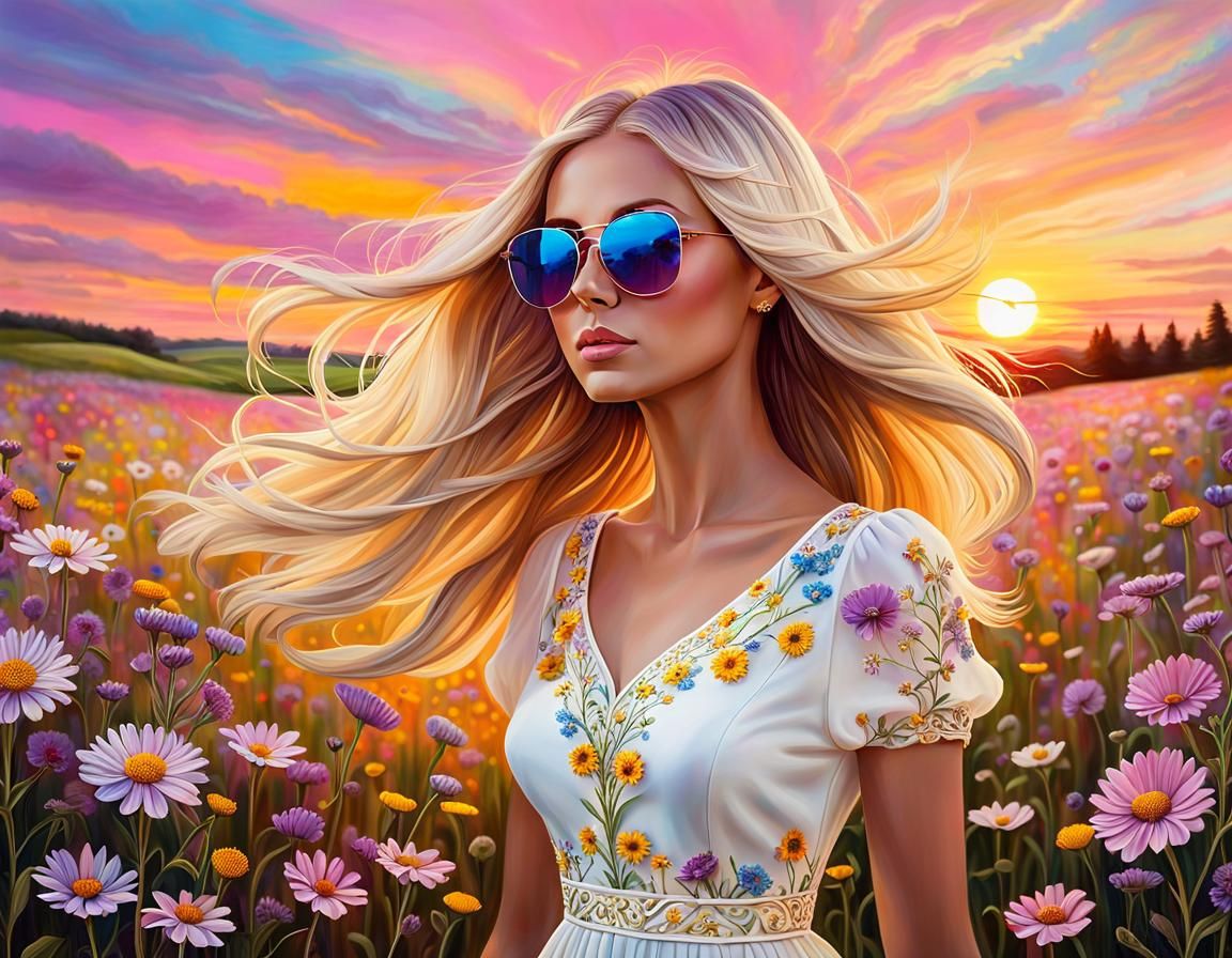 Girl in Pastel Flower Meadow Acrylic Painting