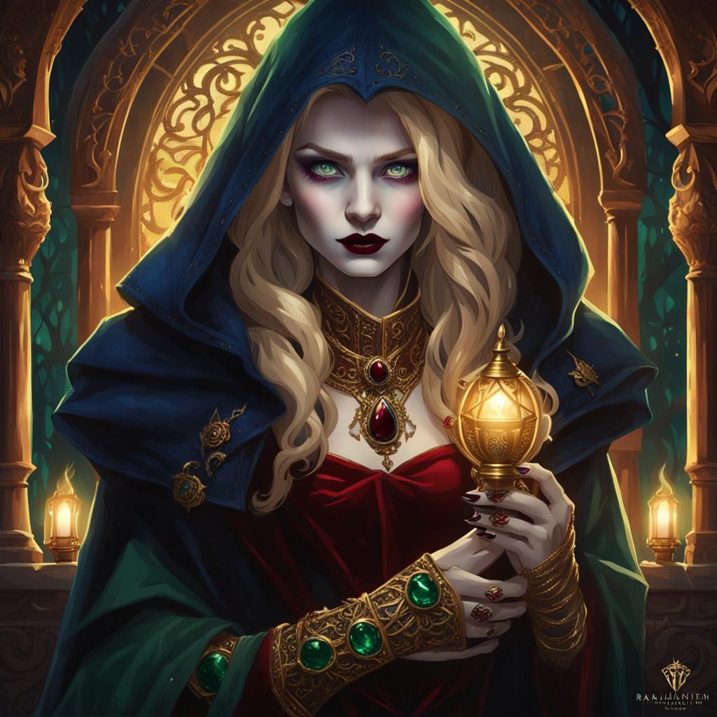 Blonde Vampire with Emerald Eyes in Gothic Setting