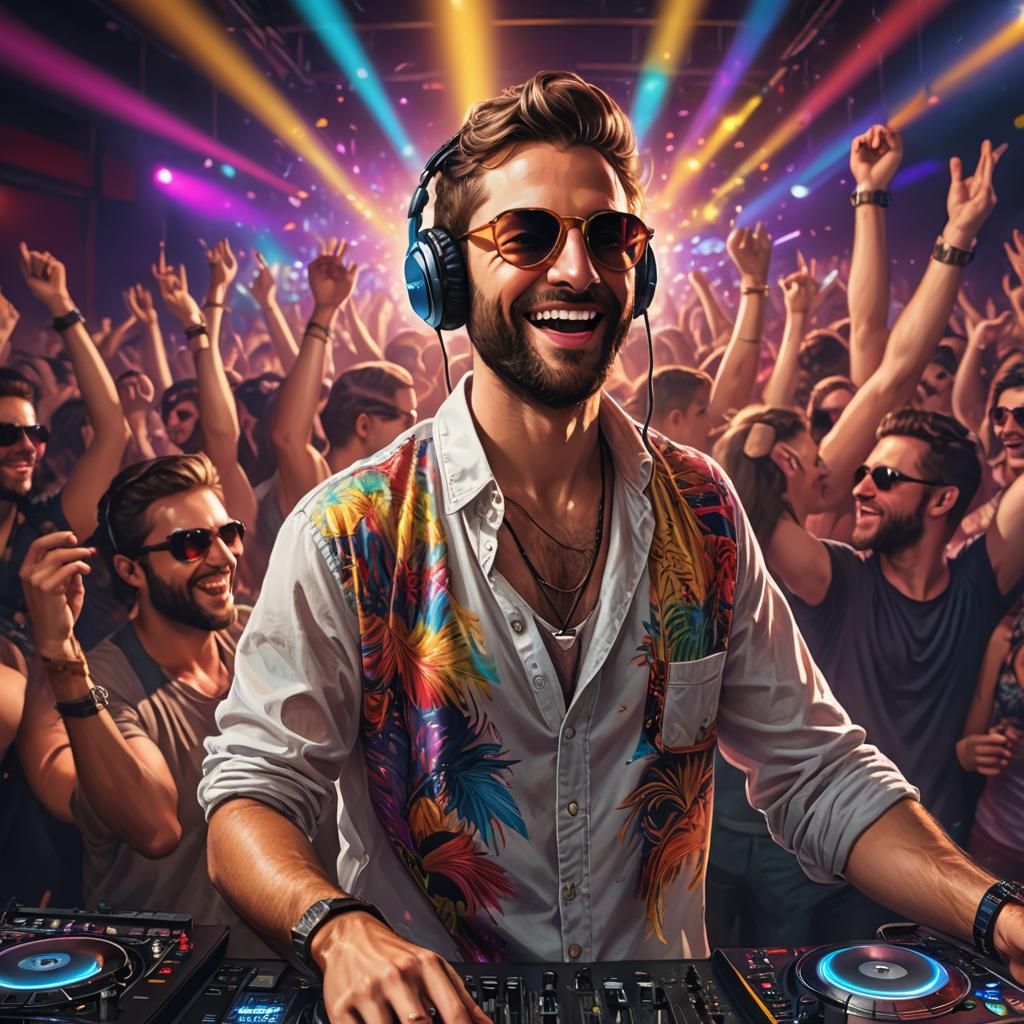 Energetic DJ in Crowded Dance Club, Hyperdetailed HDR
