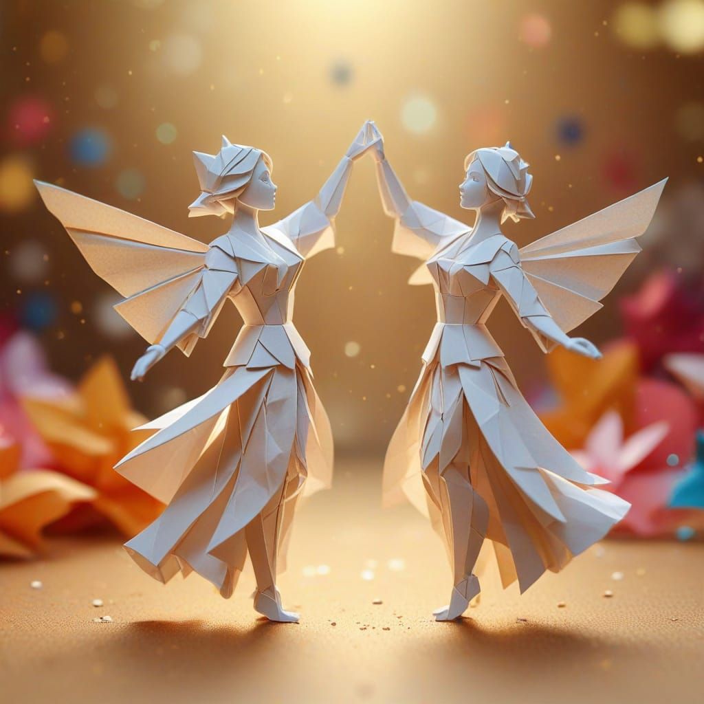 Origami Couple Waltzing in Vibrant Paper Art
