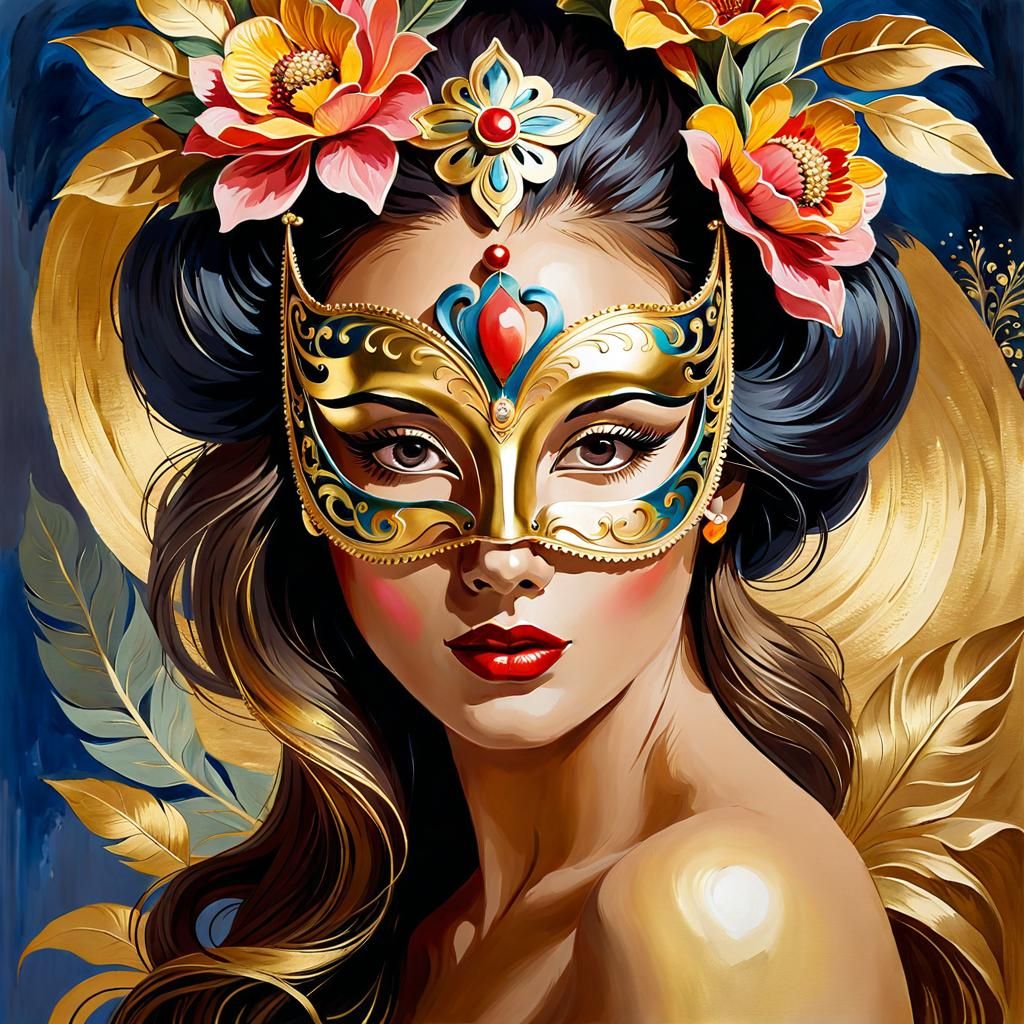 Woman in Gold Mask: Gouache Impressionist Masterpiece