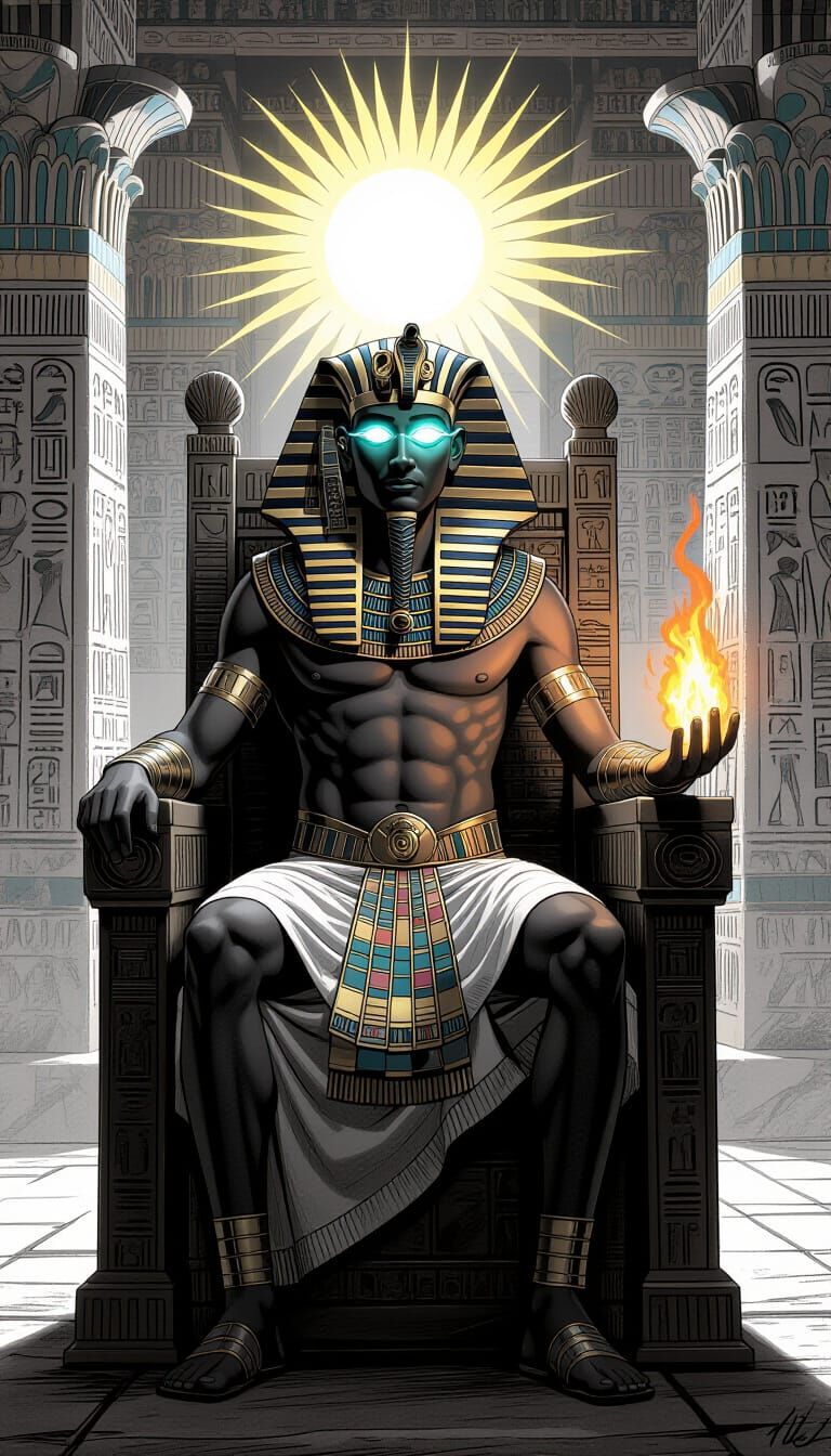 Pharaoh on Throne in Ancient Egyptian Charcoal Style