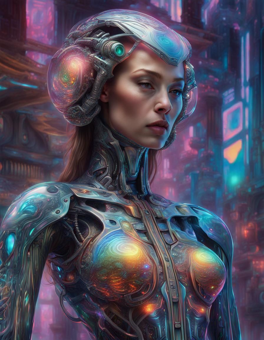 envision a psychedelic organic cyborg encapsulated in hologr...