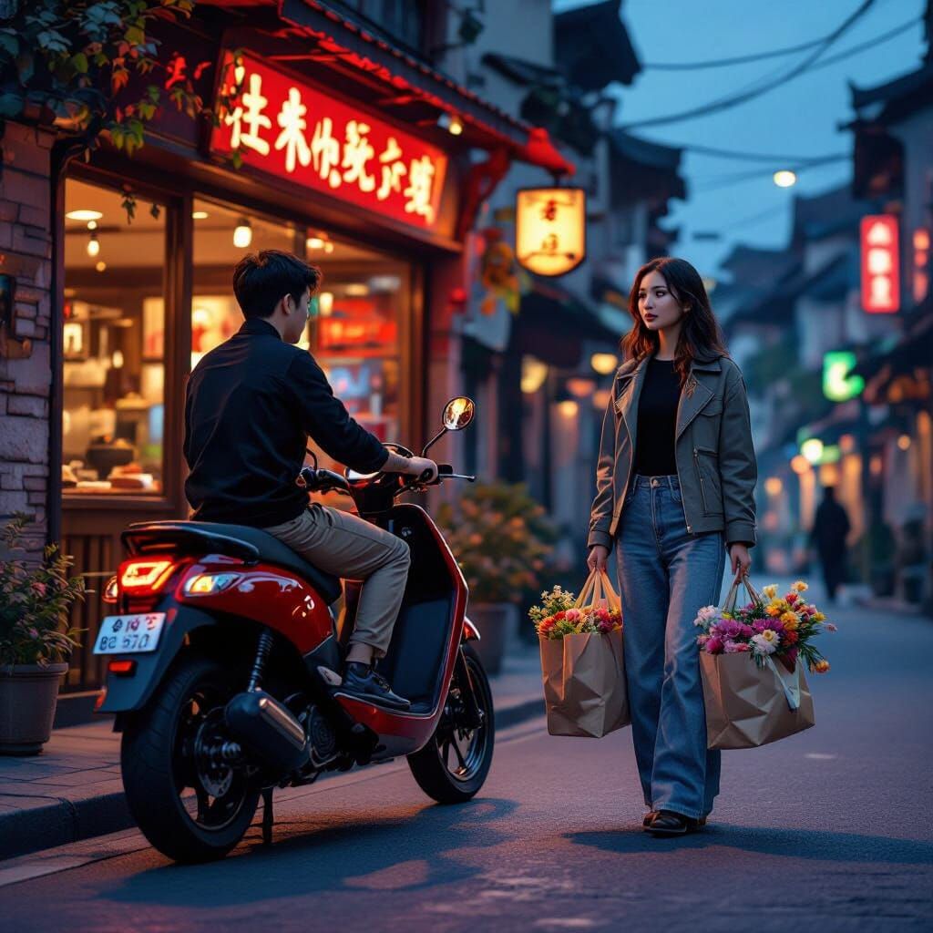 Man Rides Motorcycle to Woman at Dusk Restaurant