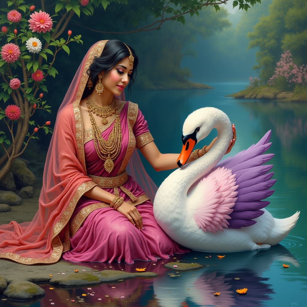 Woman with Swan in Raja Ravi Varma Style