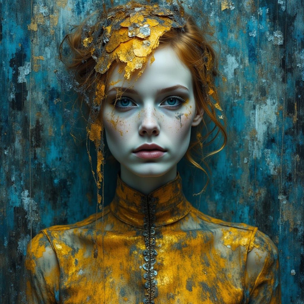 Surreal Portrait with Grey, Blue, Ochre, Gold and Fire