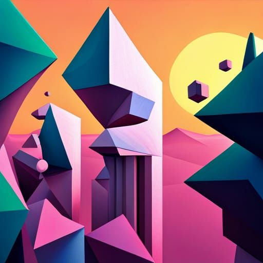 Cubist Pink Rock Formation in Art Deco Style