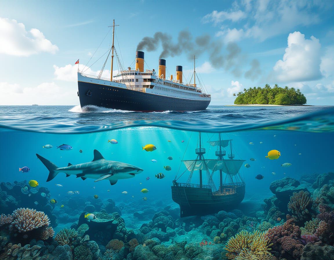 Luxury Steamship Above Vibrant Underwater Reef Scene