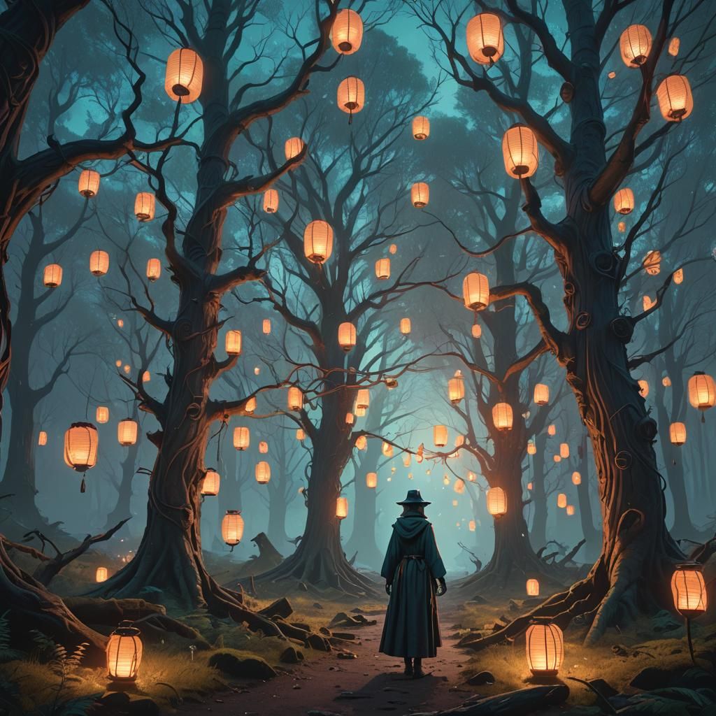 Mystical Sorceress in Glowing Forest, Digital Art