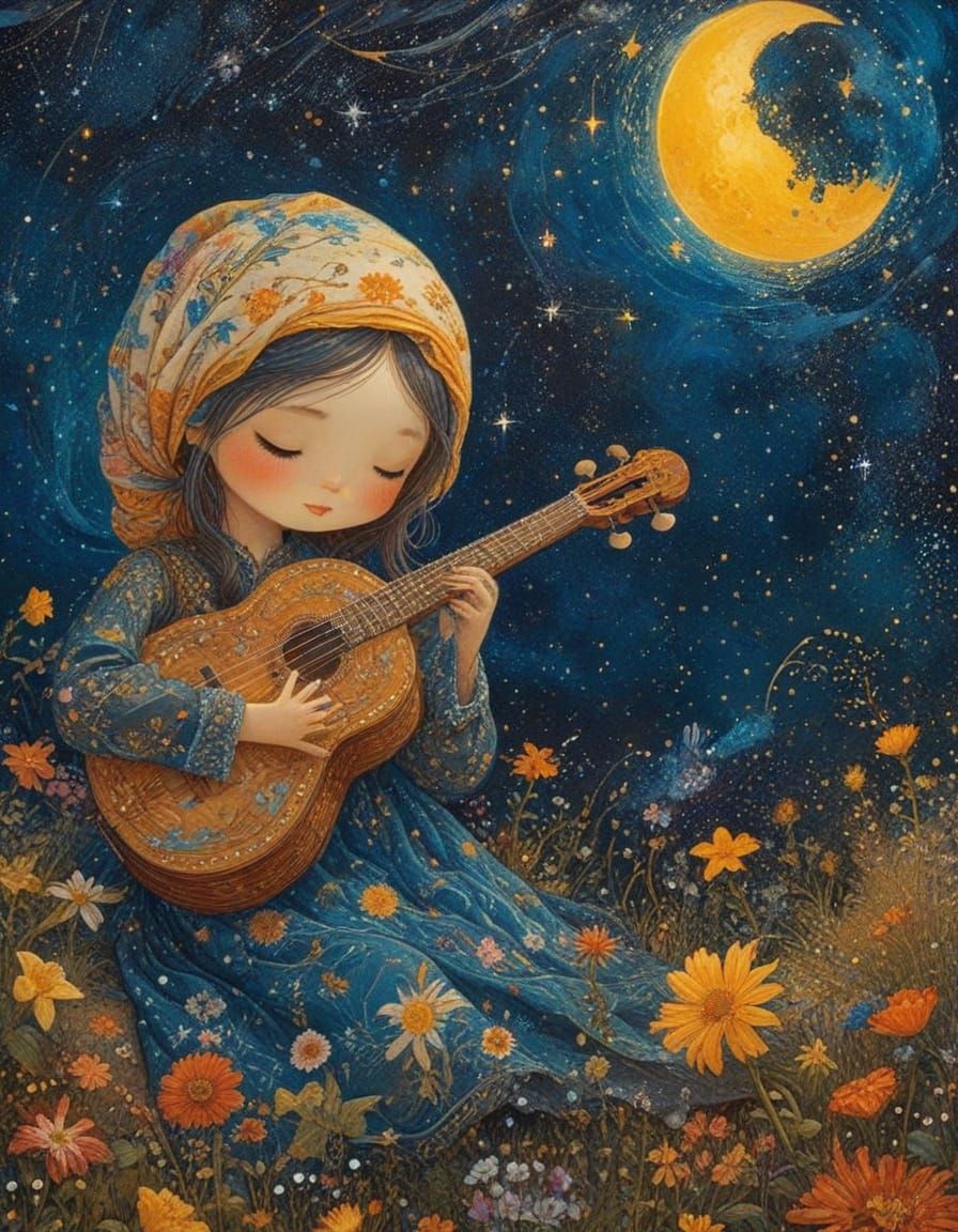 Mystical Moonlit Musician in Whimsical Style