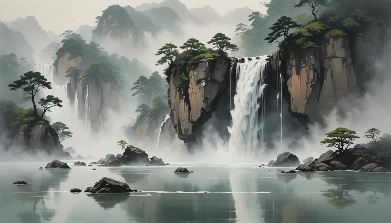 Minimalist Waterfall with Negative Space in East Asian Style