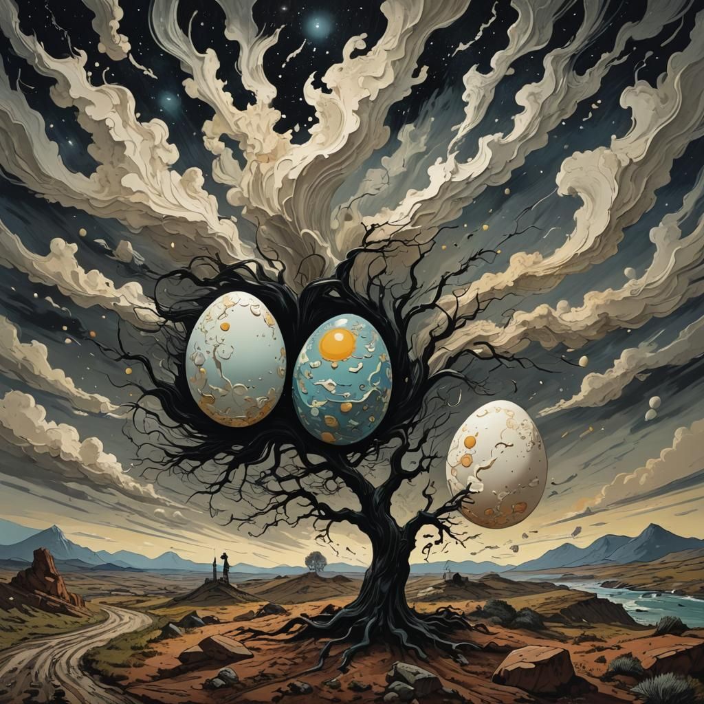 Surreal Egg in Wind: A Dark, Detailed Art Piece