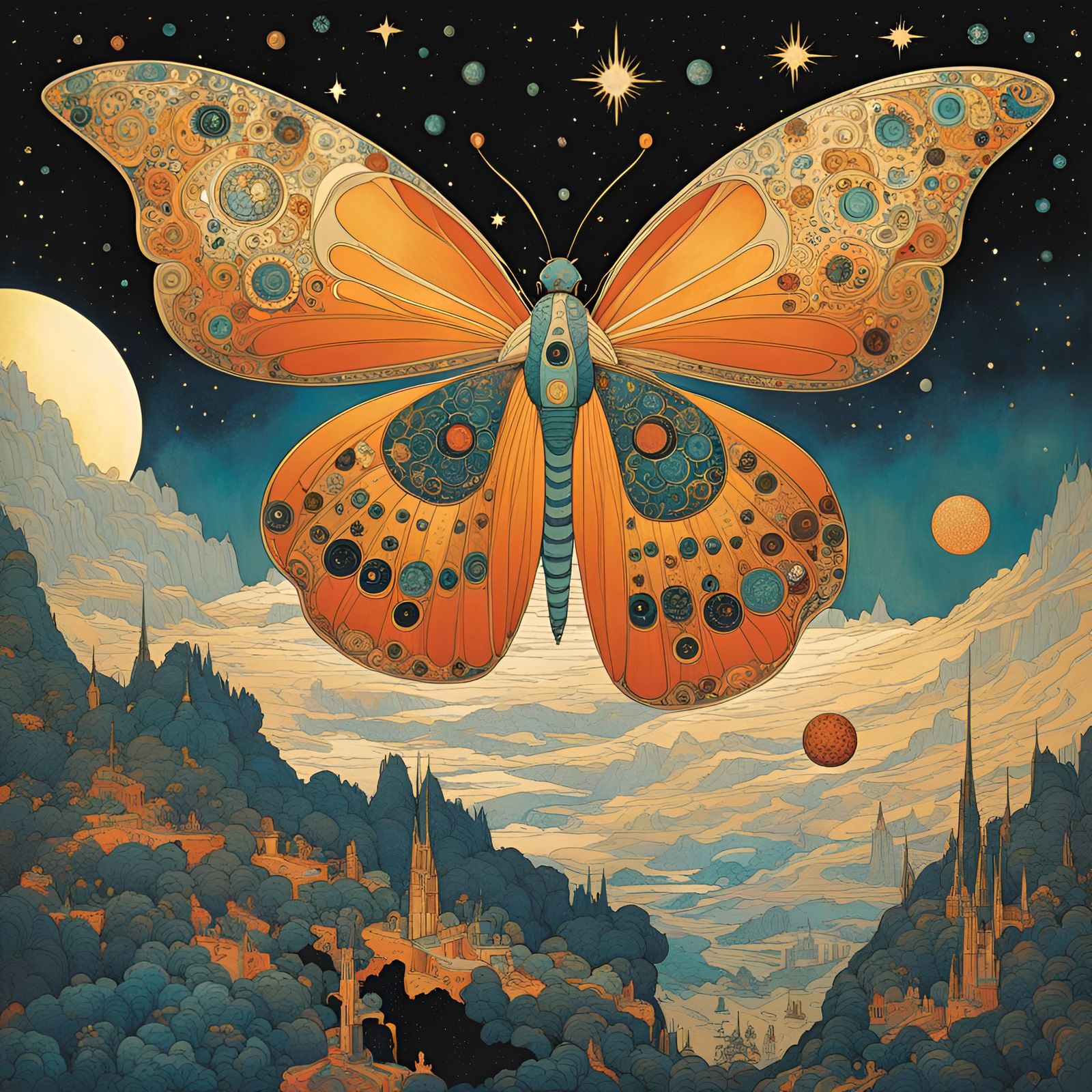 Cosmic Butterfly Spaceship in Ukiyo-e Style