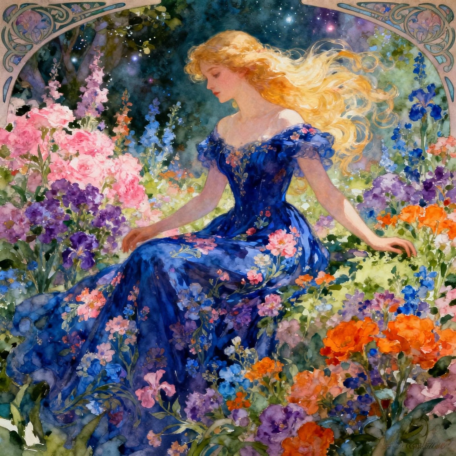 Dreamy Garden Scene With Woman In Floral Dress