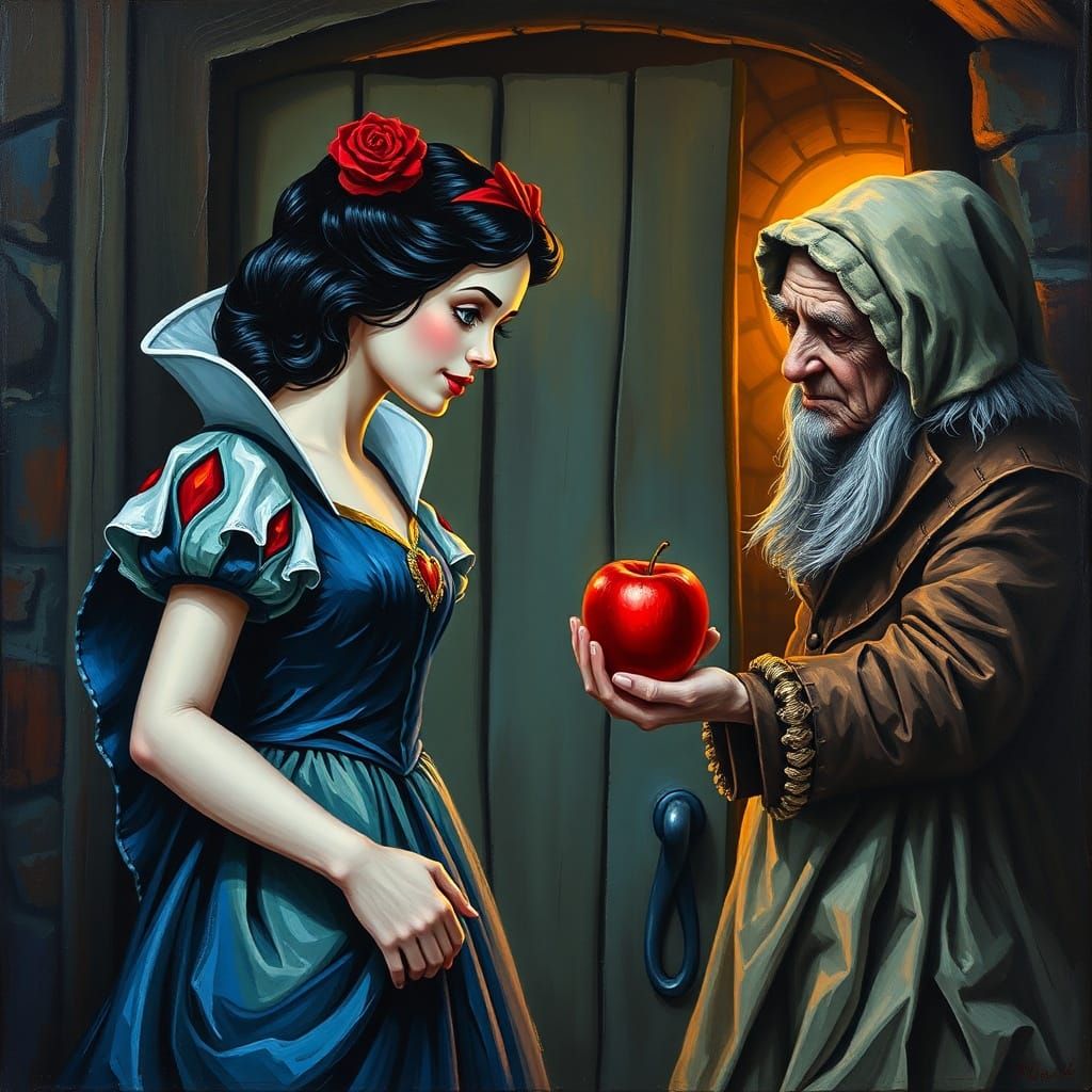 Snow White Offers Apple to Disguised Stepmother in Acrylic S...