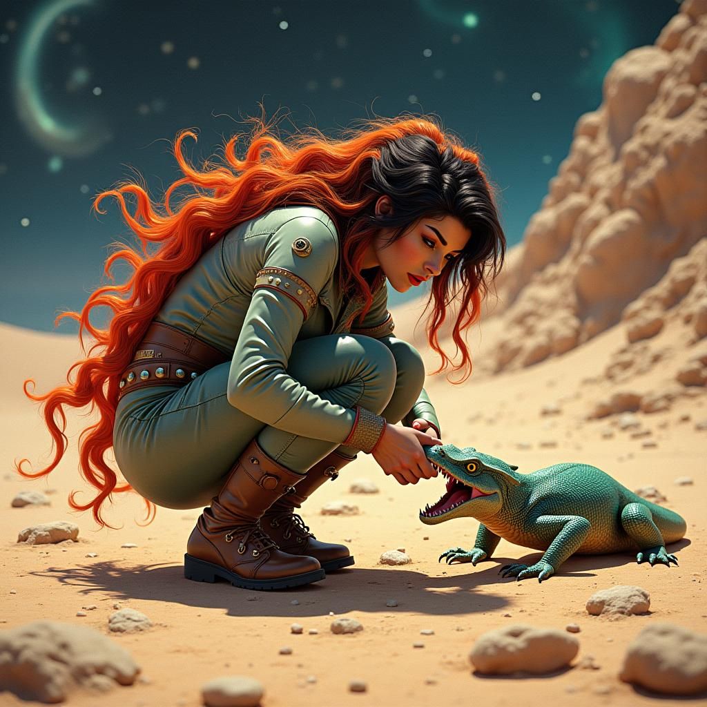 Space Girl and Reptile in Retrofuturistic Art