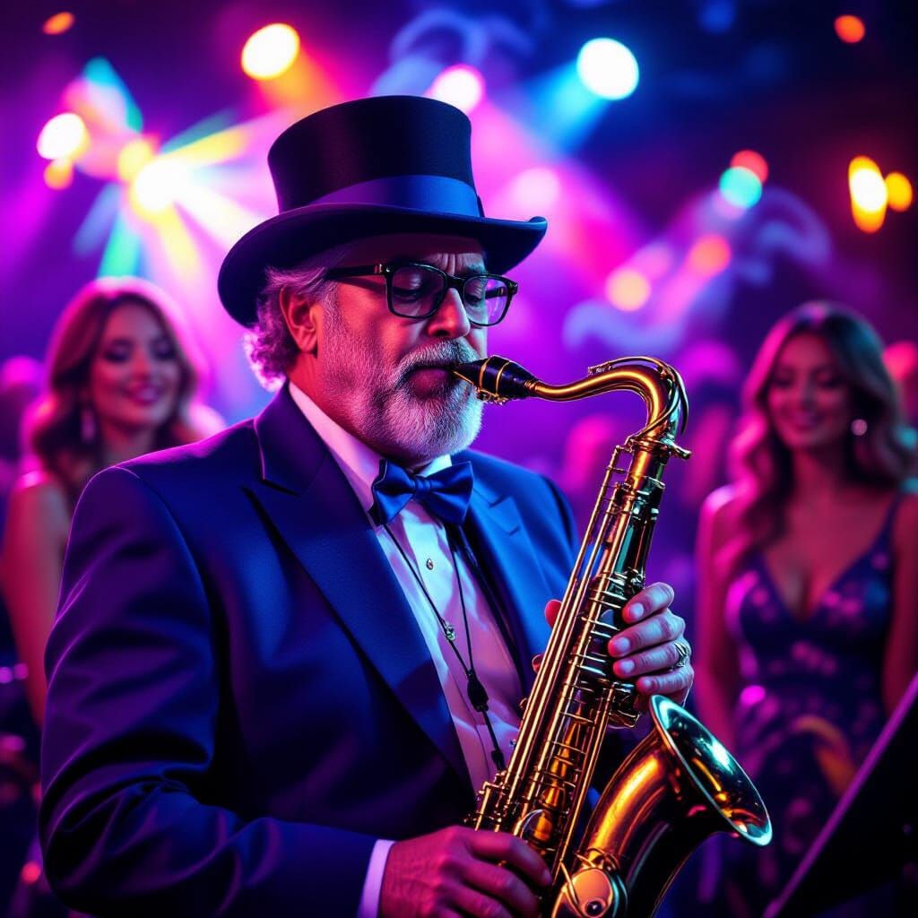 Man Plays Saxophone Amidst Psychedelic Lights
