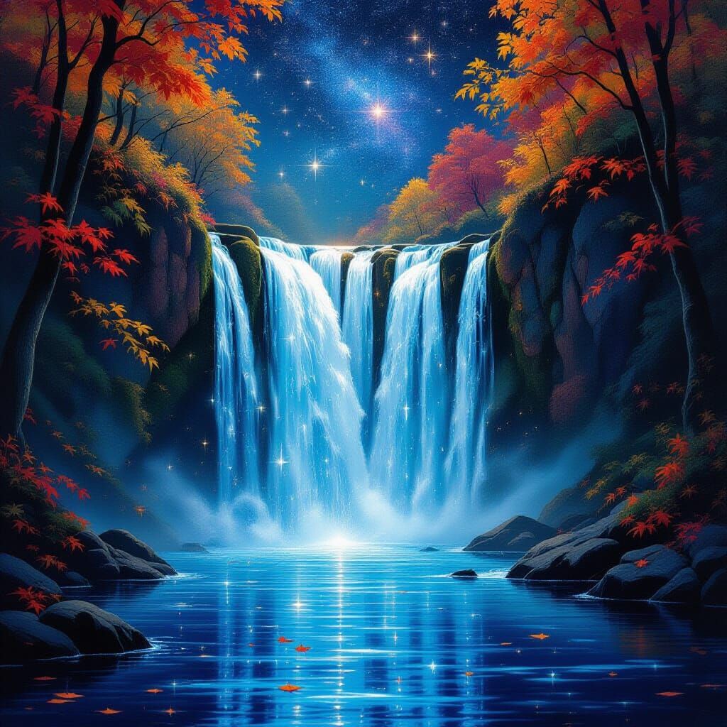 Ethereal Waterfall of Starlight Amidst Autumn Leaves