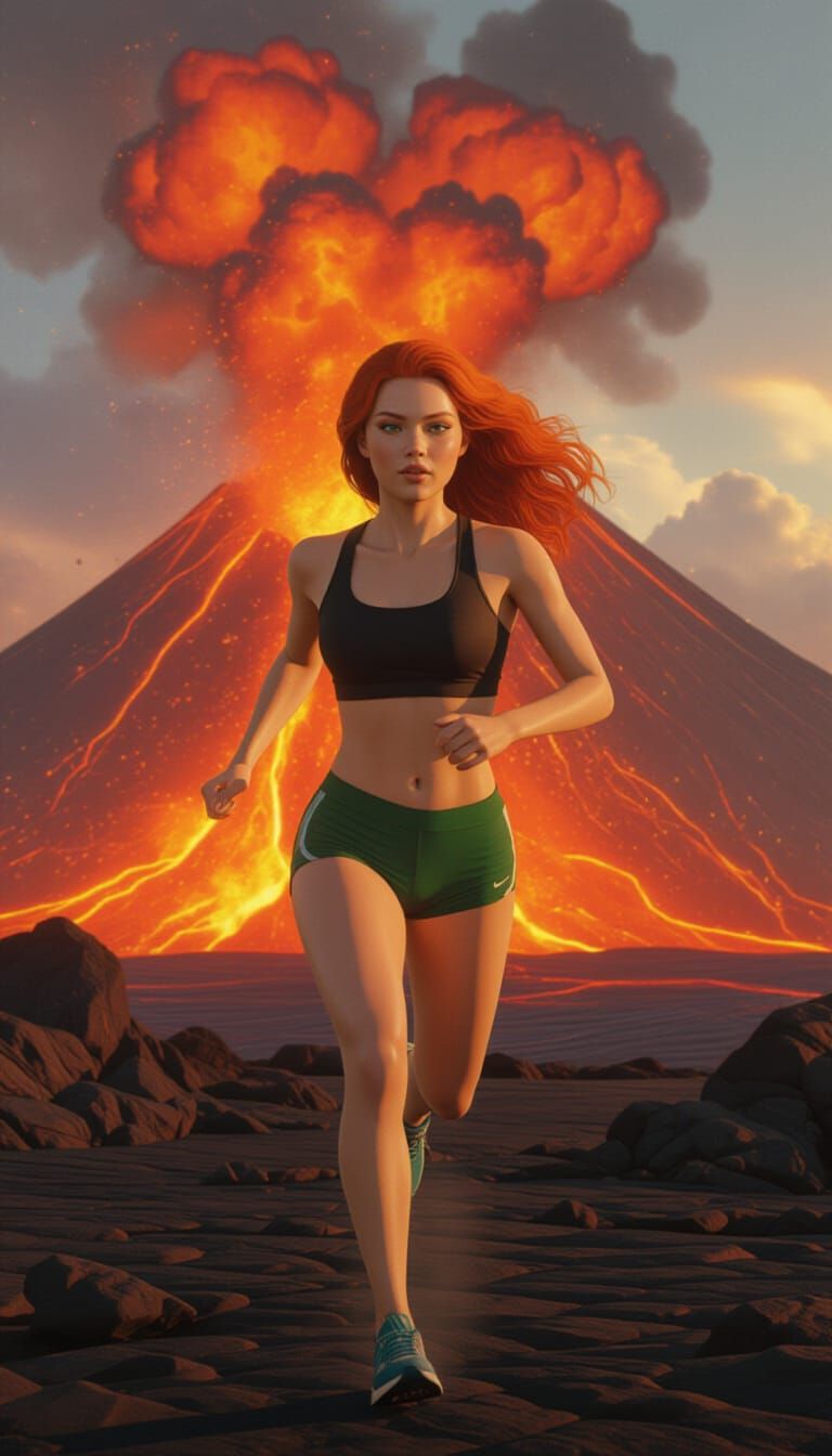 Woman Running from Volcano in Photorealistic Style