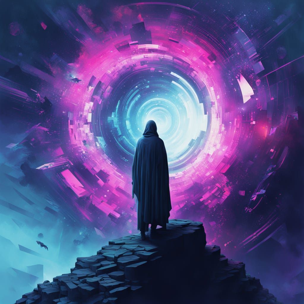 Ethereal Figure Gazing into Glitch Art Vortex