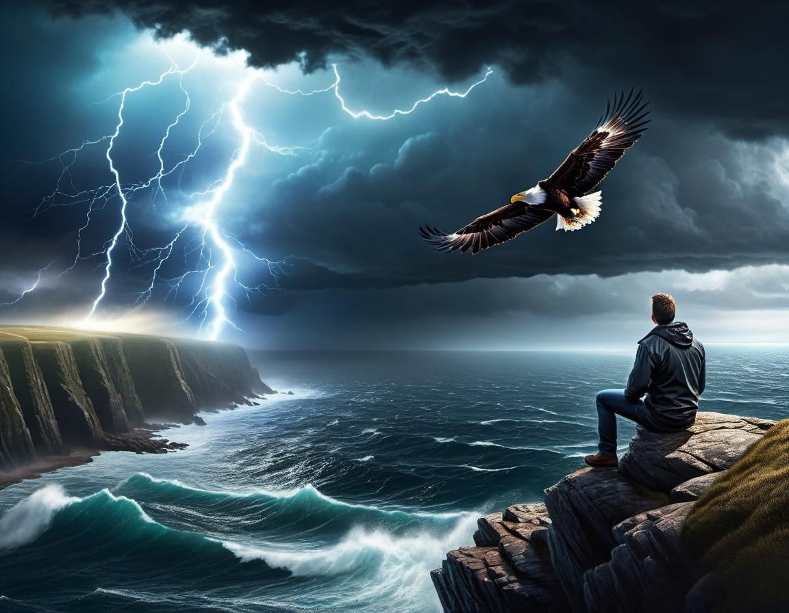 Eagle Over Stormy Ocean: Hyperrealistic Digital Art
