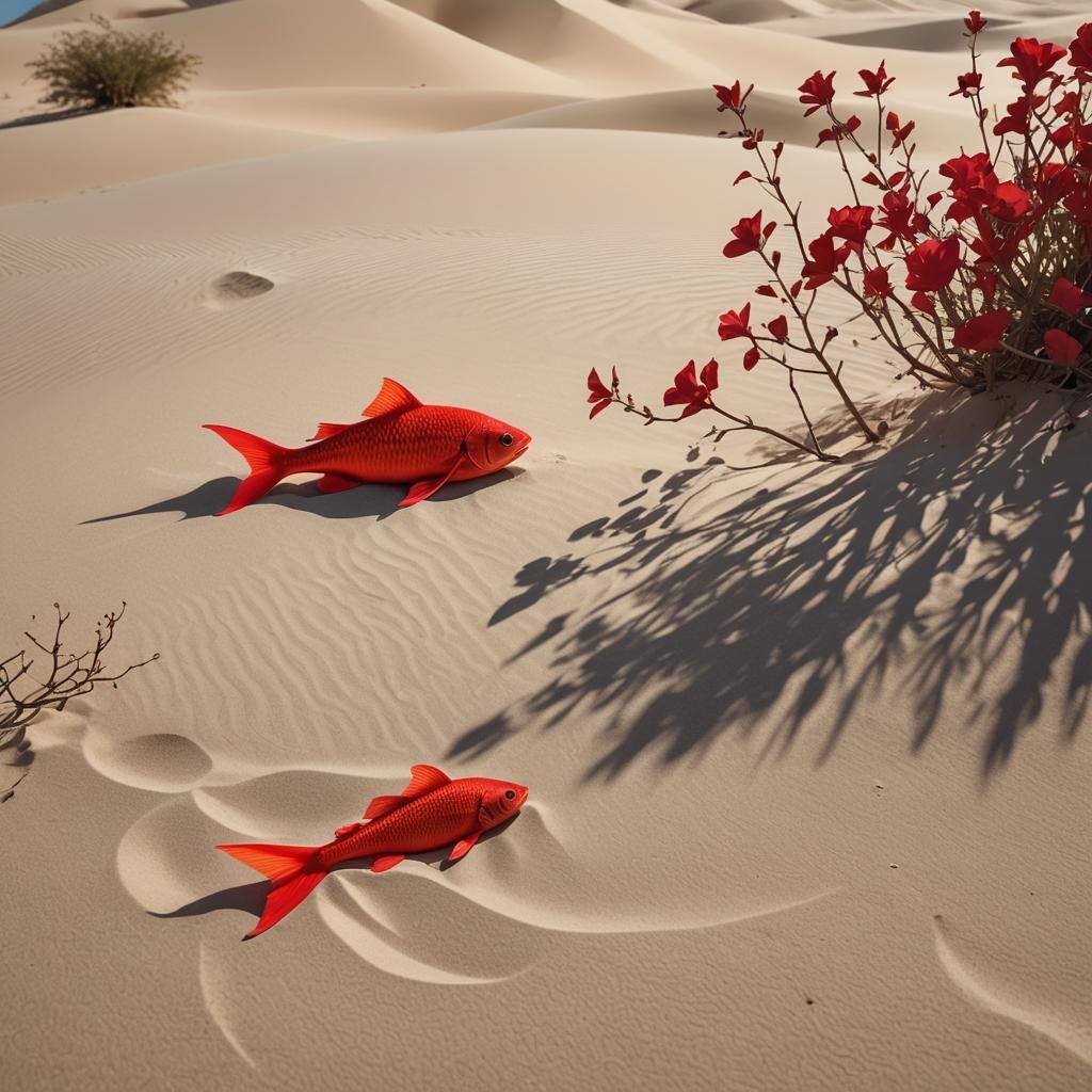 Surreal Desert Landscape with Fluorescent Fish