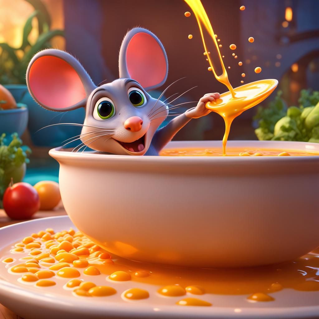 Cartoon Rat Backstroke in Soup: 3D Digital Art