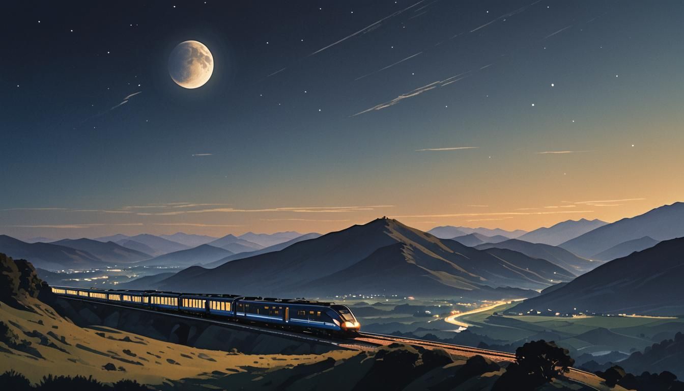 Modern Train Journey Under Starry Night Sky