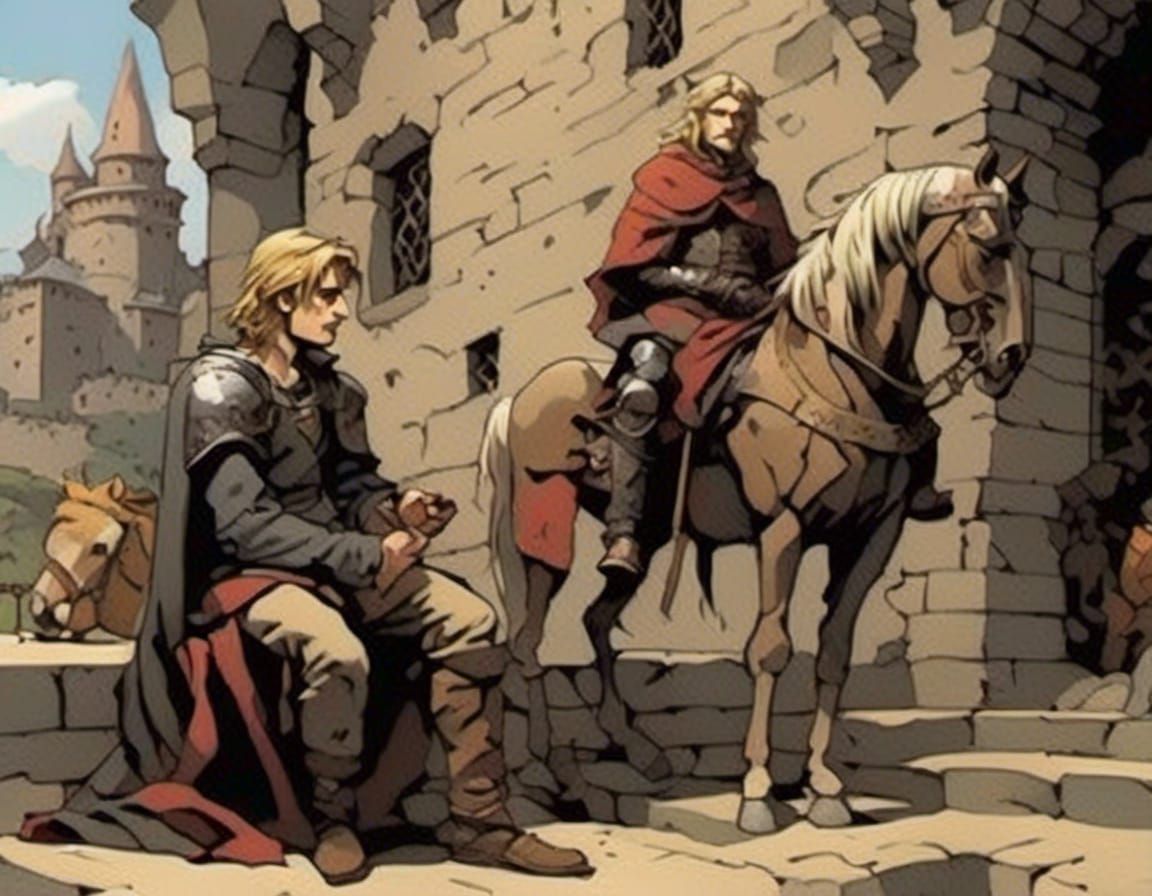 Hind Horn on Horseback Talking to Beggar