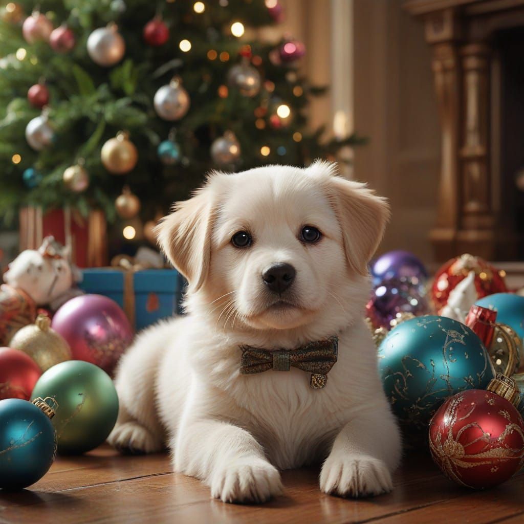 Majestic Christmas Tree Scene with Puppy and Kitty