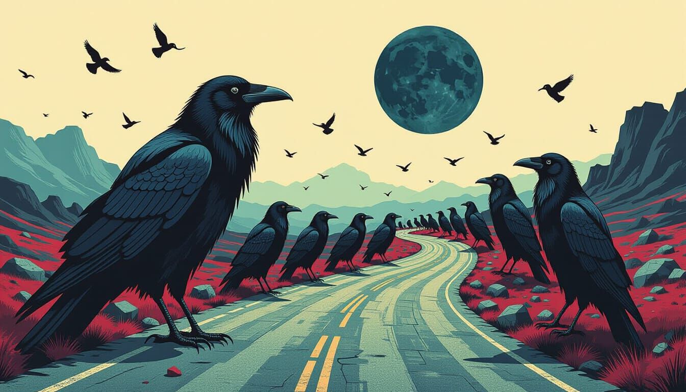Oversized Ravens Gathering in Dark Fantasy Landscape