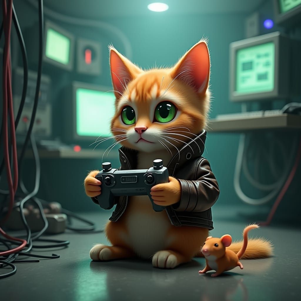 Futuristic Cat in Cyberpunk Laboratory Controls the World