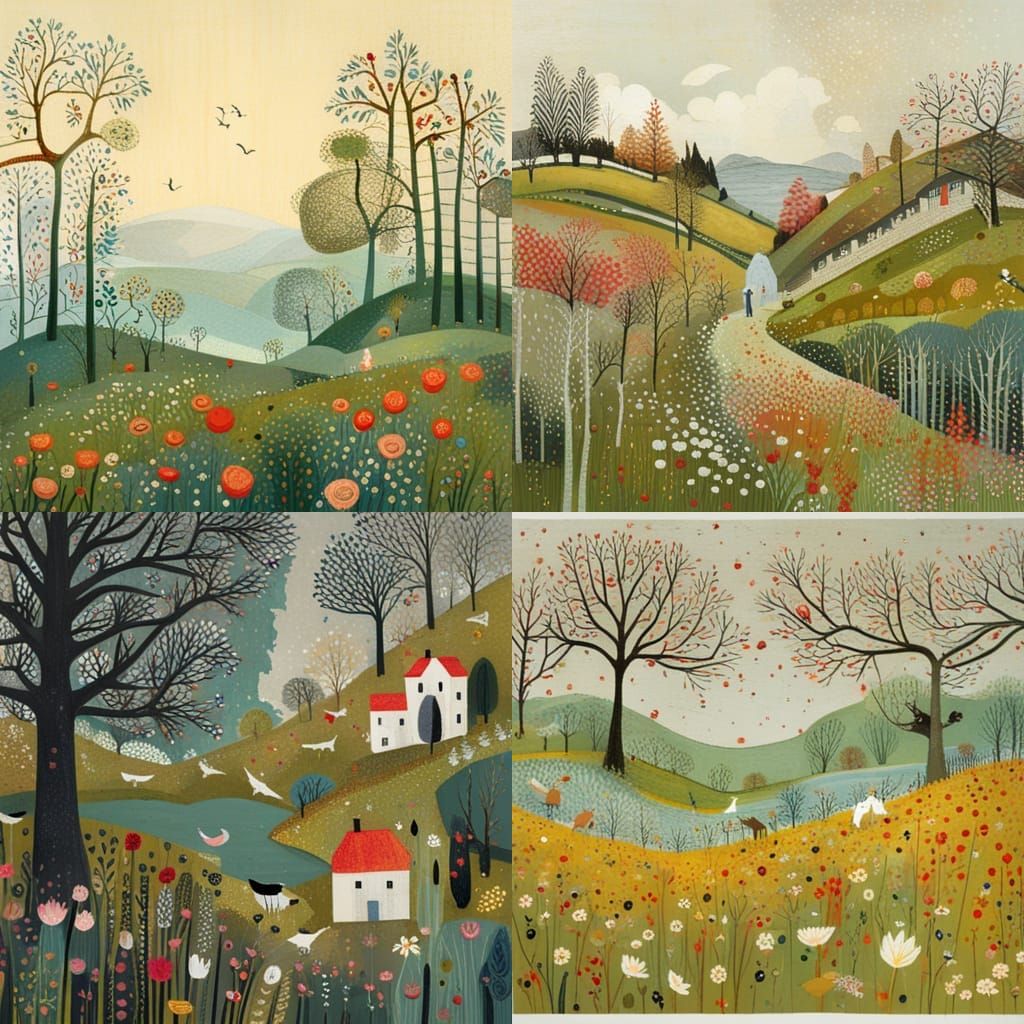 Whimsical Landscape Illustration of Rolling Hills