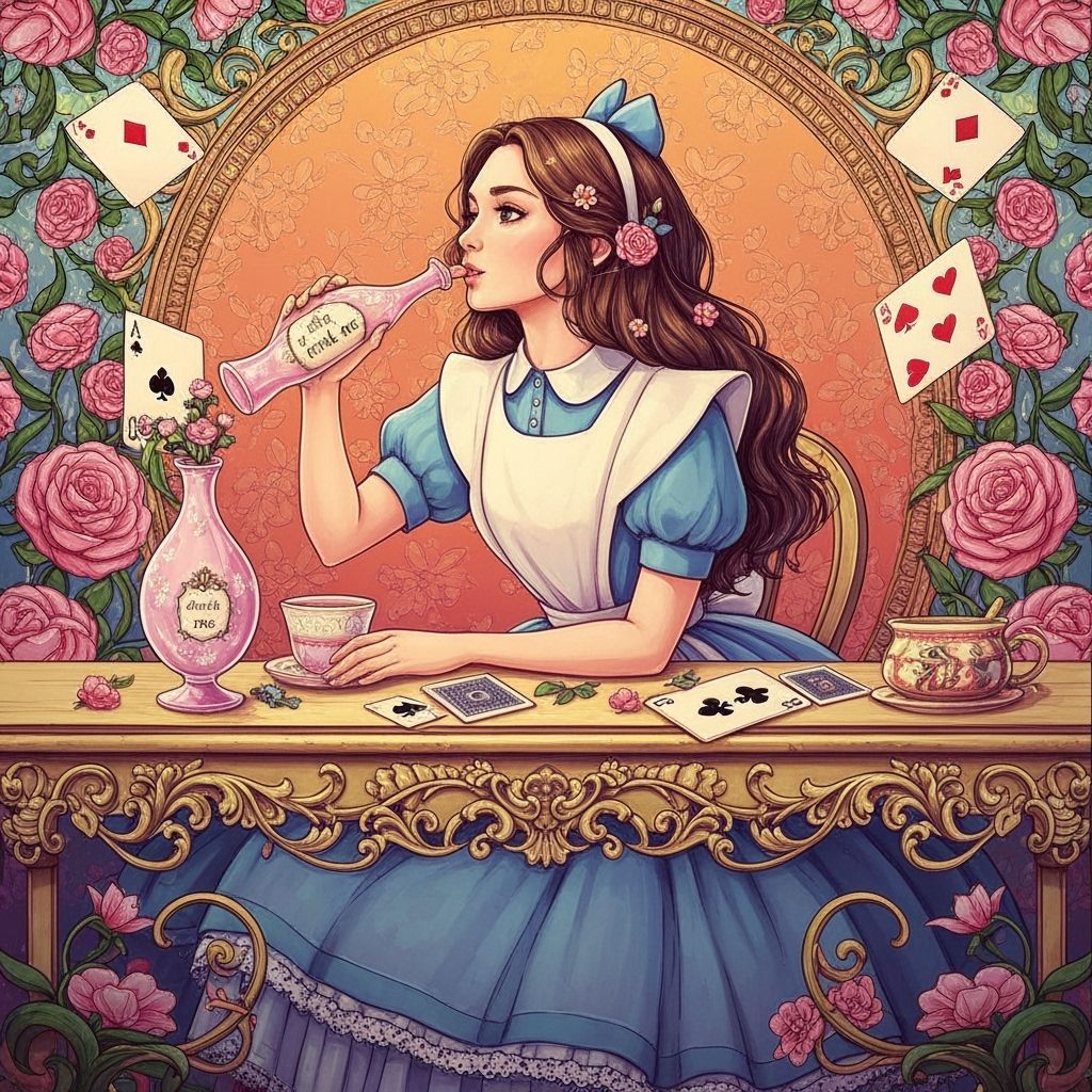 Alice at Ornate Table with Drink Me Bottle