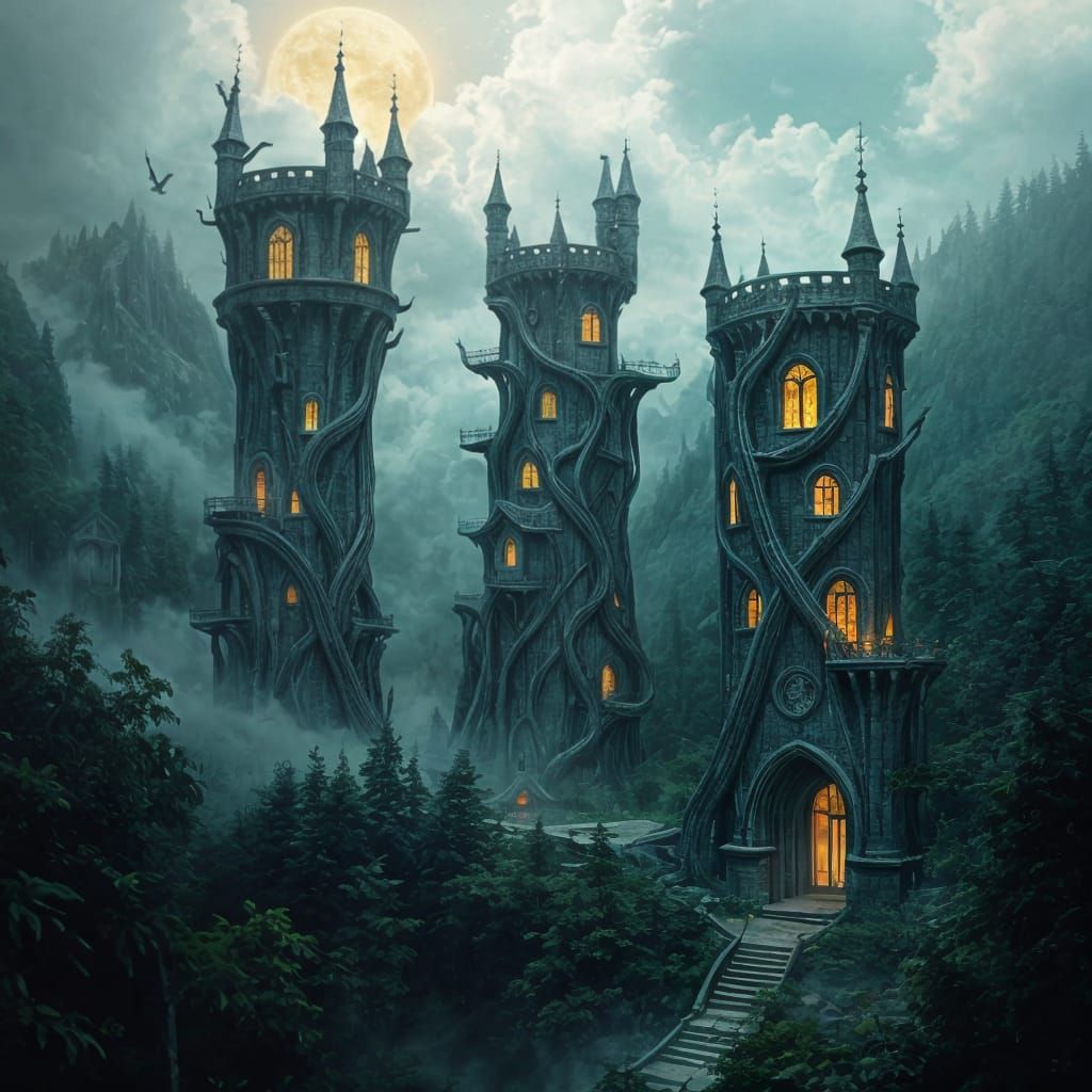 Mystical Forest Towers Rise from the Shadows
