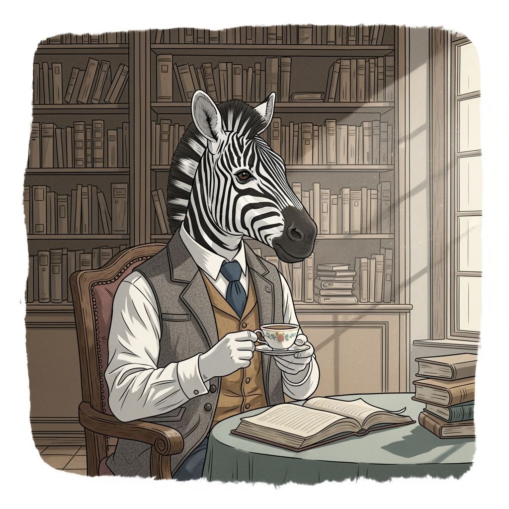 Dapper Zebra Enjoys Tea in Vintage Library