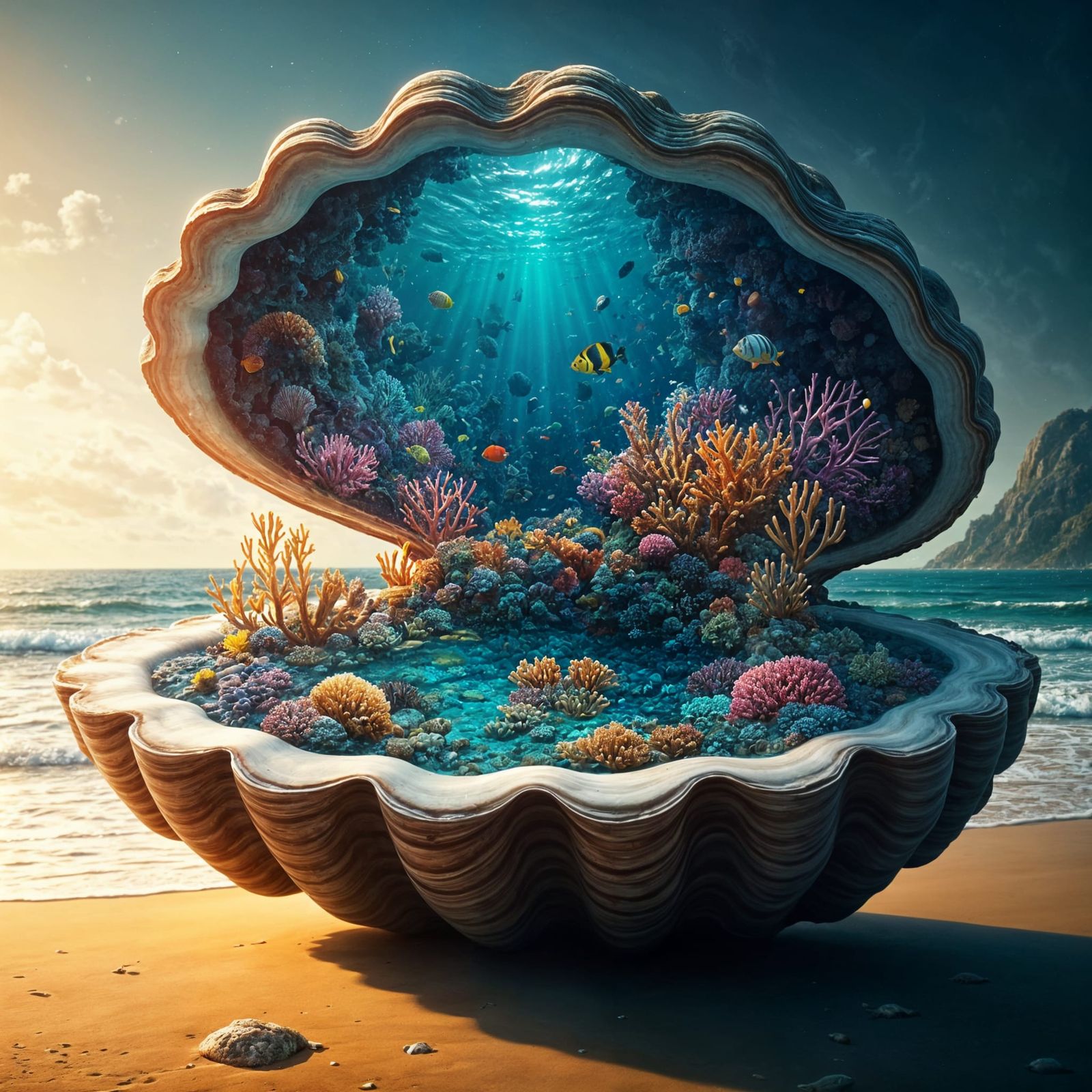 Vibrant Coral Reef Mirrored in Giant Oyster Shell