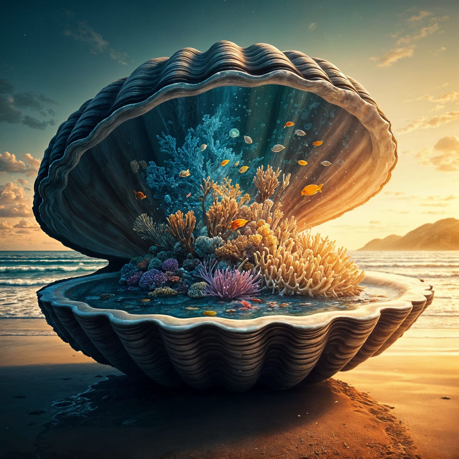 Coral Reef Mirrored in Oyster Shell, Digital Art